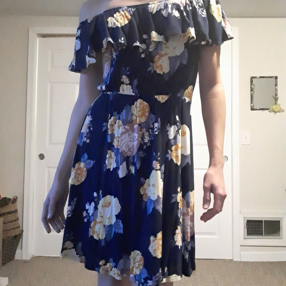 Navy Blue Floral Dress w/ Versatile Straps